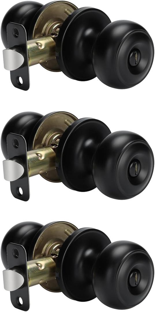 goldenwarm Black Interior Door Knobs, Matte Black Keyless Privacy Door Knob, Black Bedroom Door Knobs, Black Door Knobs Interior Bulk, Indoor Bathroom Door Knob(3 Pack, Matte Black)