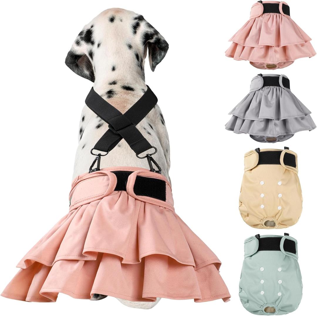 Washable Female Dog Diapers (4 Pack+1 Suspenders), Reusable Female Girl Doggy Doggie Puppy Wraps Panties Belly Band for Pet Heat Period Pooping Peeing Potty Training Incontinence Marking Large (Pink,Purple,BrownBlue)