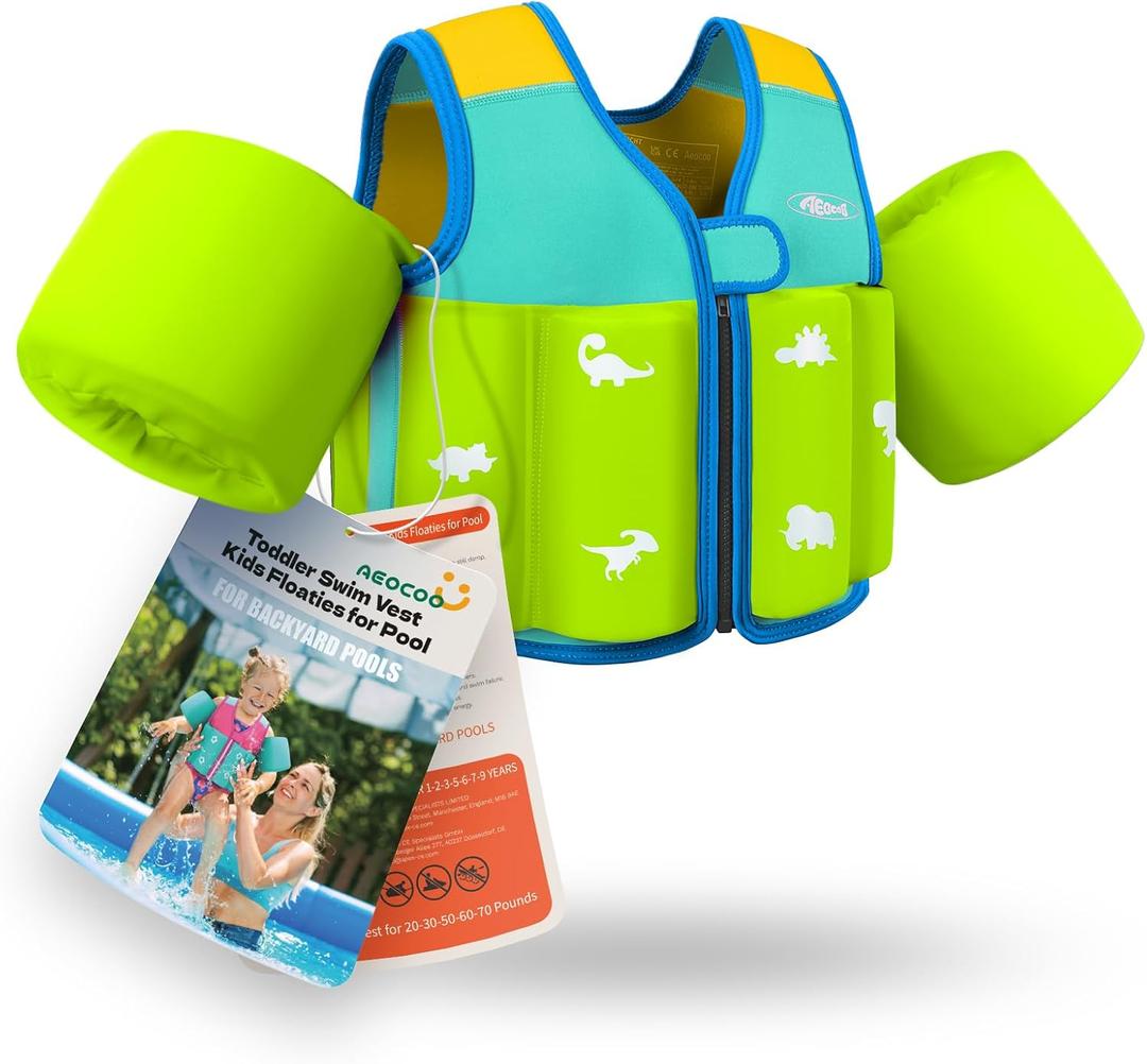 AEOCOO Toddler Swim Vest, Kids Pool Floaties for 1-2-3-5-7-9 Years Old, Comfortable Wear Bright Float Jacket with Water Ring, Unpadded Sides for Arm Comfort, Boys, Girls, nios, M (Chest Size up to 26.77IN, 30-50lb)