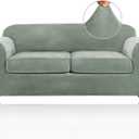 PrinceDeco Couch Cover Velvet Plush Sofa Covers for 2 Cushion Couch Width Up to 90 Inch Washable Furniture Protector Pet Friendly No Slip Sofa Slipcover(Medium-Large, Seagrass)
