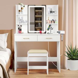 QUALIKRAFT Vanity Set with Lights and Stool, Vanity Desk with Mirror and LightsVanity Power Outlet,Vanity Desk with Drawers, White Vanity with Lighted MirrorDressing Table Set with 2 Large Drawers, 35.5 inches x 15.8 inches x 54 inches
