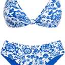 ZAFUL High Waisted Bikini Sets for Women Texture Push Up 2 Piece Swimsuit Knot Front V Neck Bathing Suit Brazilian Cheeky Bottom Blue Floral M