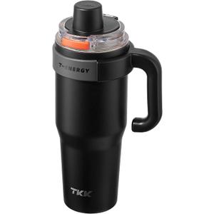 TKK 40 oz Insulated Tumblers with Handle and Straw, Stainless Steel Travel Mug with Ceramic Coating, Leak Proof Double Walled Iced Coffee Cup with Strainer for Hot & Cold Drinks, Black