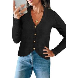 Womens Cardigan Sweaters Trendy Cropped Button Up Long Sleeve V Neck Loose Boho Casual Knit Tops Fall Outfits (Black)