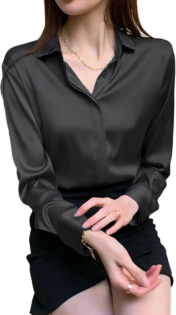 Women's Satin Blouse Fashion Long Sleeve Satin Silk Shirt Work Office Top Casual Shirt XL