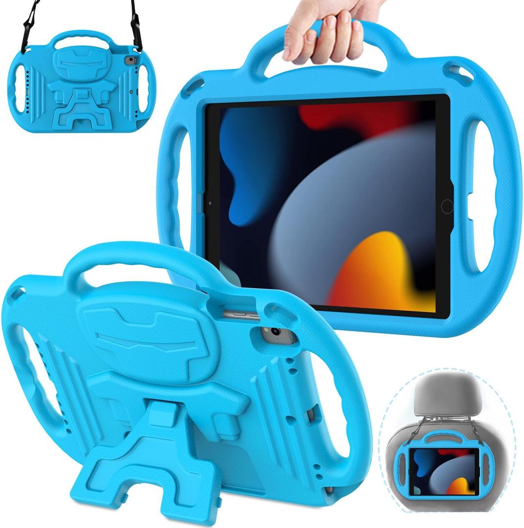 AVAWO Kids Case for iPad 9th Generation 10.2 inch, iPad 8th Gen Cover with Shoulder Strap for 9/8/7 Gen 2021/2020/2019, Blue