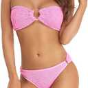 Women Bandeau Bikini Set Off Shoulder Ring Strapless Crinkle Fabric Swimsuits Pink, S