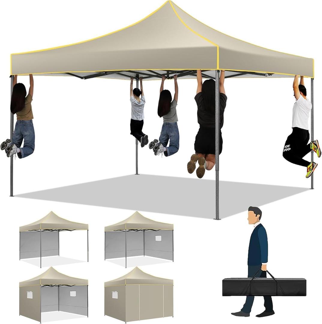 COBIZI 10x10 Heavy Duty Pop up Canopy with 4 Removable Sidewalls, Canopy Tent with Portable Bag, Pop up Tent Commercial Gazebo Waterproof Sunshade for All Weather Party Camp Stall Patio,Khaki