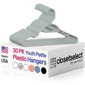 30 Pk Grey Youth Petite Plastic Hangers for Children Clothes Sizes 8 to 12, Petite, Preteen, Junior, 30 Pack (Grey)