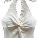 MakeMeChic Women's Backless Halter Top Twist Deep V Neck Sexy Cute Summer Tank Top (Large, Beige)
