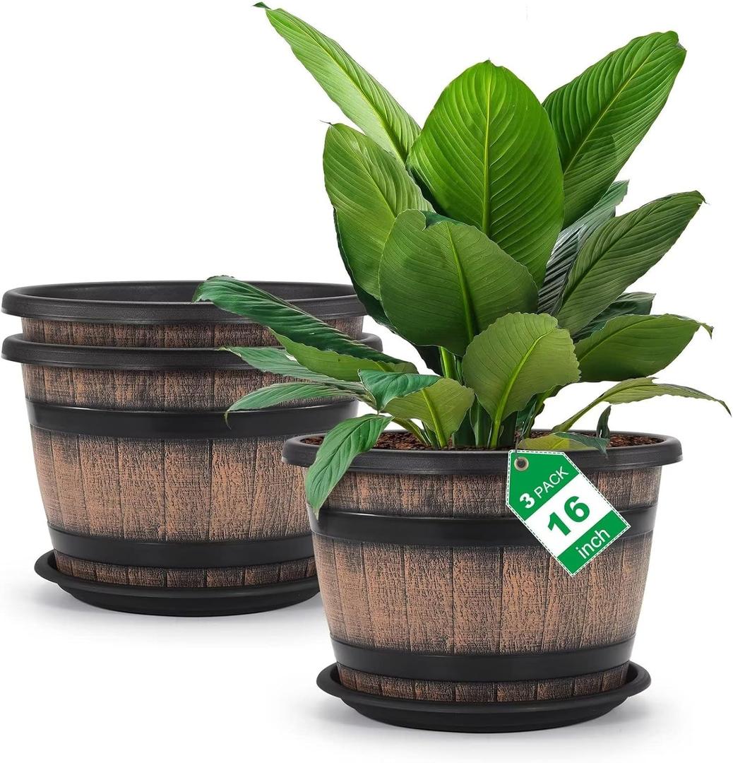 Quarut Large Plastic 3 Pack16 inch Plant Pots,Whiskey Barrel Planters with Drainage Holes & Saucer.Flower Pots Imitation Barrel Design for Indoor & Outdoor Garden Balcony Plants.7 Gallons(Brown)