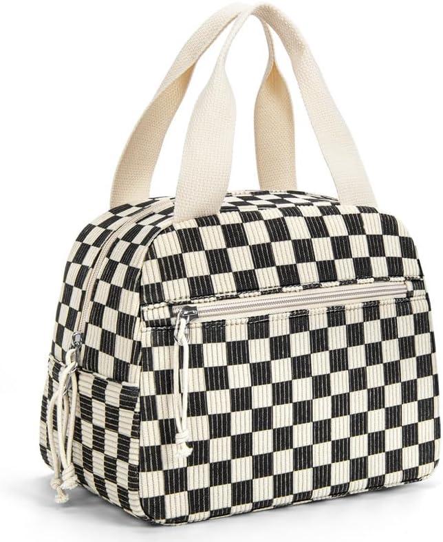Corduroy Lunch Bag for Women - Small Insulated Lunch Box, Cute Reusable Tote Bag for Work, Daily Commute and Outdoor Picnic - Corduroy Black Checkered Pattern