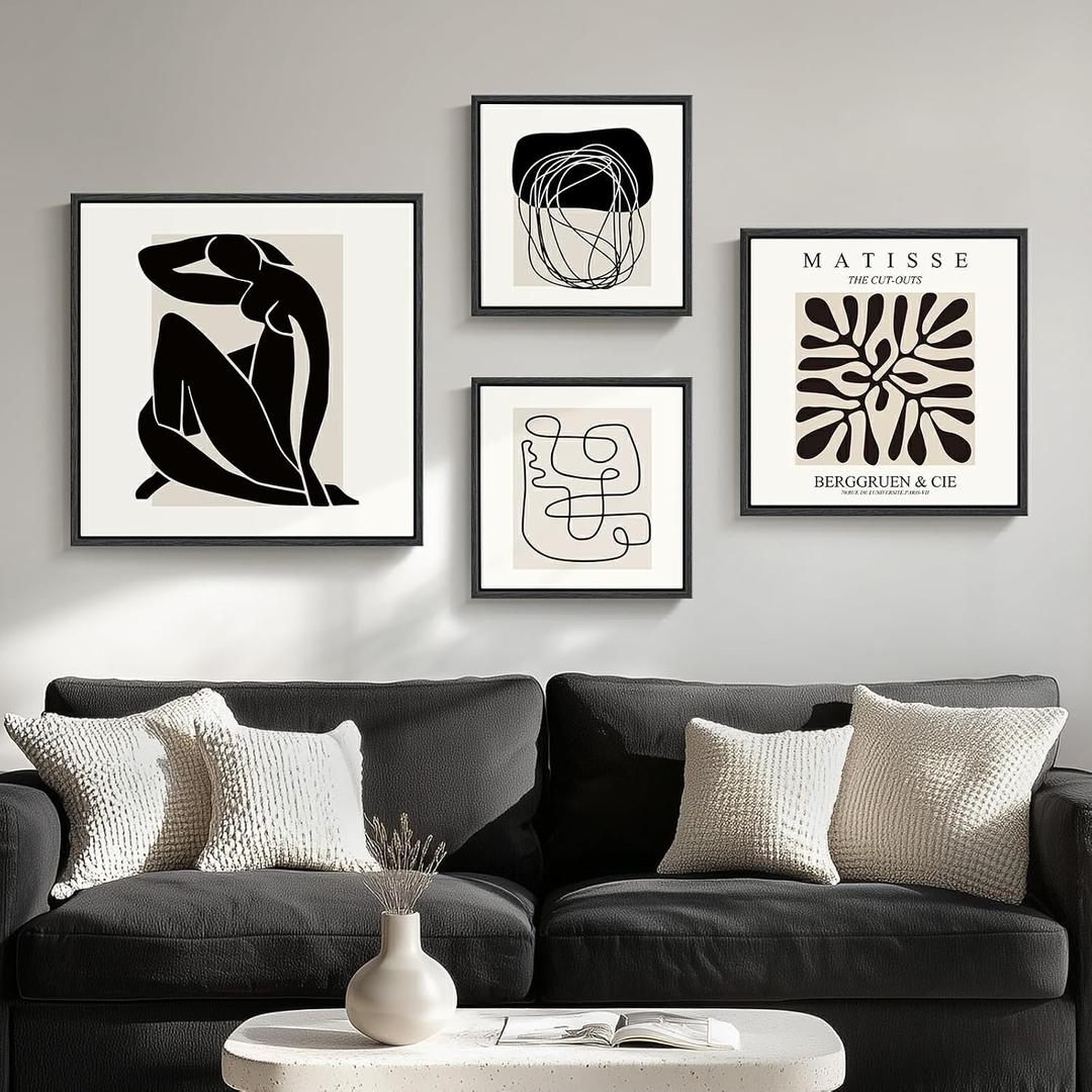 Framed Matisse Abstract Wall Art for Living Room, Set of 4 Piece Black and White Modern Canvas Artworks, Mid Century Neutral Beige Minimalist Painting Prints for Bedroom Hallway Office Wall Decor, 32" H X 60" W