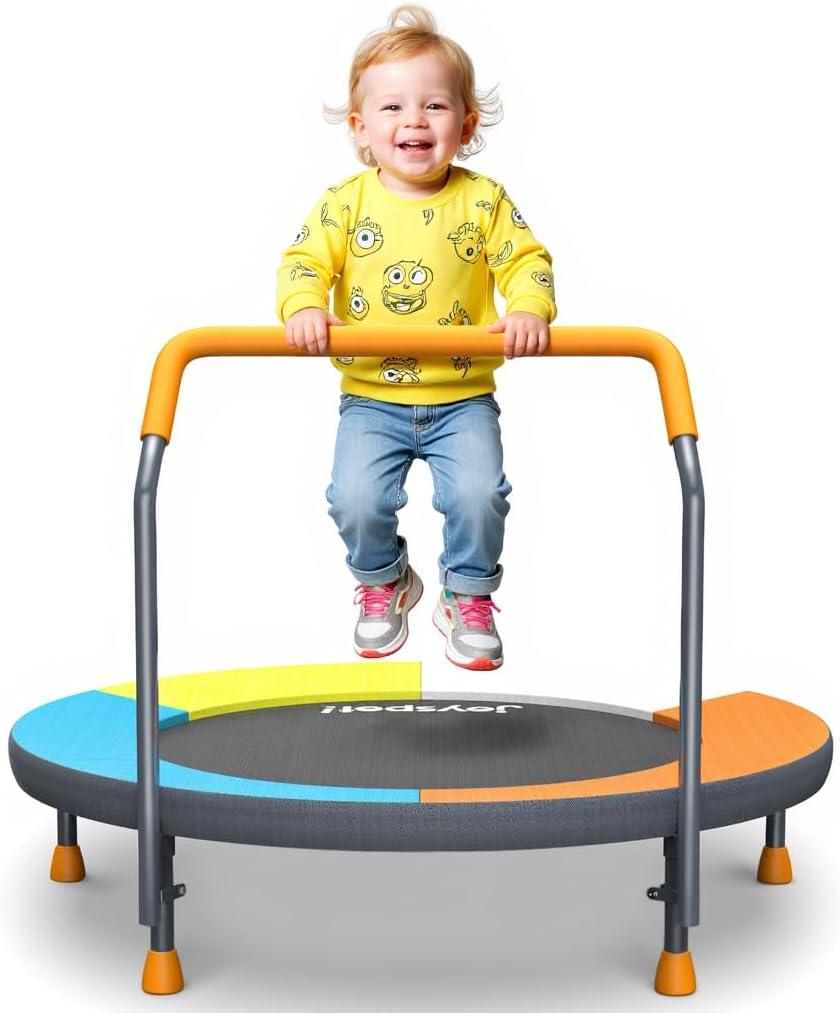 3FT Toddler Trampoline for Kids Ages 1-6, 36" Foldable Mini Trampoline with Adjustable Handle, Indoor/Outdoor Rebounder, Colorful Jumping Mat, Quiet Elastic Band, Safety No-Gap, Max Load 100 LBS