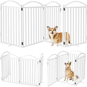 Malier Metal Freestanding Dog Gates with Door, 32'' Height Outdoor Indoor Dog Fences, Extra Wide Foldable Puppy Gate Free Standind Tall Pet Gate for Stairs, Hallways, Doorways, Yard (White 4 Panels) (4 Panels with Door96''W  32''H)