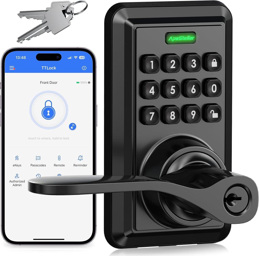Wi-Fi Smart Door Lock, Keyless Entry Door Lock with Knob, Keypad Door Lock with Handle, Smart Locks for Front Door, Door Knob with Code, No Hub Required, APP Remote Control (Matte Black)