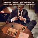 Premium Leather Cigar Humidor Set - Cedar Wood Liner, with Gold Cigar Holder, Embedded Gold Hygrometer, V Cigar Cutter & Punch, Humidifier, Precious Travel Cigar Case for Birthday Gift, Festival (Medium, Brown)