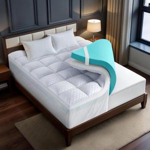 Dual Layer 4 Inch Memory Foam Mattress Topper for Pressure Relief with 4X Support, 2" Comfort Pillow Top Queen Mattress Topper Plus 2" Odor-Free Cooling Gel Memory Foam Breathable Mattress Pad