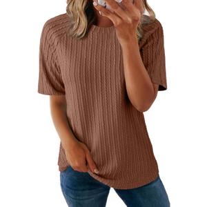 Dokotoo T-Shirts Cable Knit Short Sleeve Texture T-Shirt for Women Tee Tops | T Shirts for Women Summer Tops for Women Short Sleeve Tops Casual Tops for Women Cable Knit Textured Knit Top Basic Tee Shirt (Brown, XL)