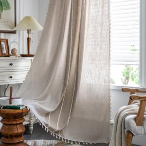 ColorBird Boho Curtains Linen-Textured for Living Room Bedroom 84 Inches Light Filtering Natural Brown Tan Farmhouse Embroidered Striped Curtains & Drapes for Dining Room Kitchen Window Treatment