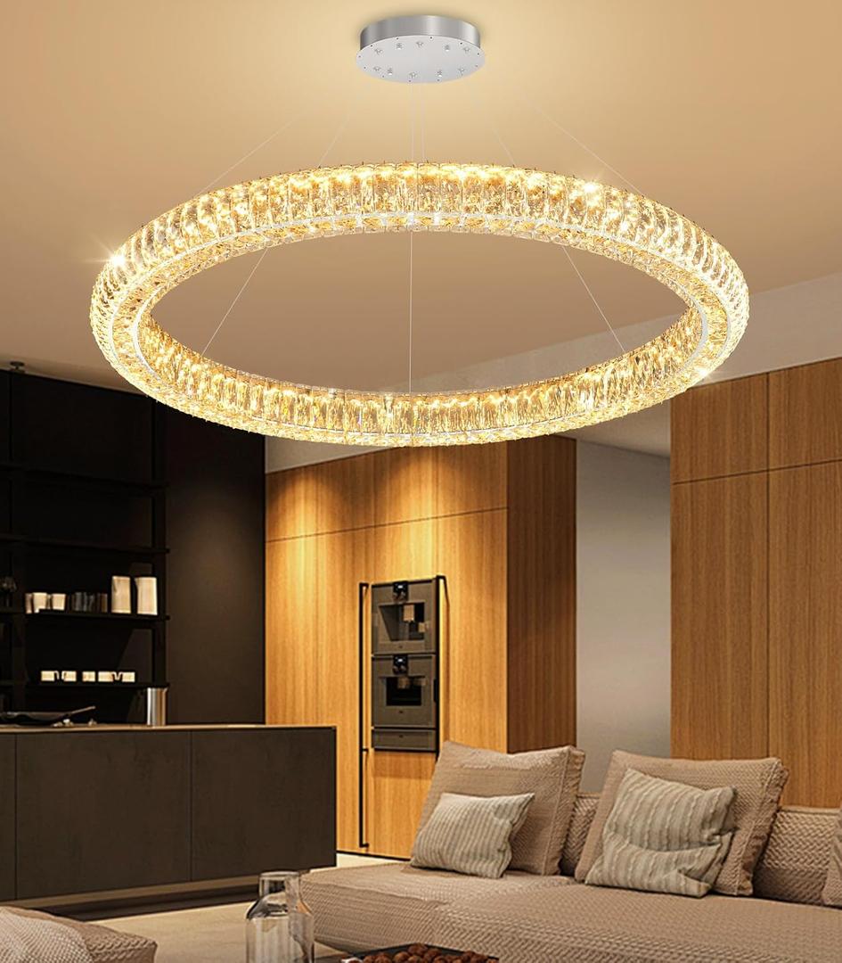 32'' Ring Modern Crystal Chandelier Dimmable Ring Pendant Light Round Crystal Chandeliers for Living Room Dining Room Bedroom Silver