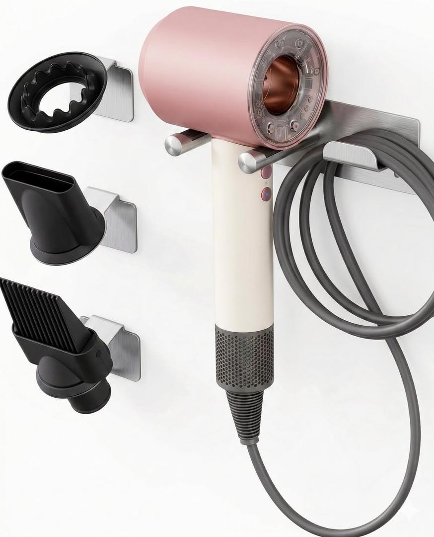 Dyson Hair Dryer Holder, Hair Dryer Wall Mount Organizer for Supersonic & Nural, Stainless Steel Dyson Blow Dryer Holder with Magnetic Rings, Waterproof & Rust Resistant for Bathroom/Salon