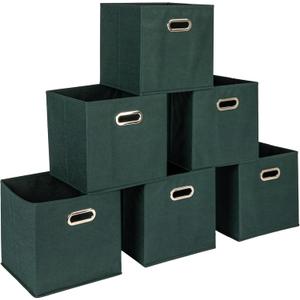 Household Essentials Foldable Fabric Storage Cubes 6-Pack  11x11x11 Stackable Non-Woven Bins with Chipboard Sides & Grommet Handles  Closet, Shelf, Nursery, or Office Organizer  Dark Green