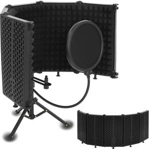 Microphone Isolation Shield with Pop Filter, 5-Fold Foldable Mic Isolation Shield with Tripod Stand Suitable for Blue Yeti and Any Condenser Microphone Recording Equipment, Triple Sound Insulation