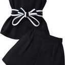 Verdusa Girl's 2 Piece Brunch Outfits Bow Knot Belted Contrast Trim Tank Tops with Shorts Comfy Sets (Black, 10Y)