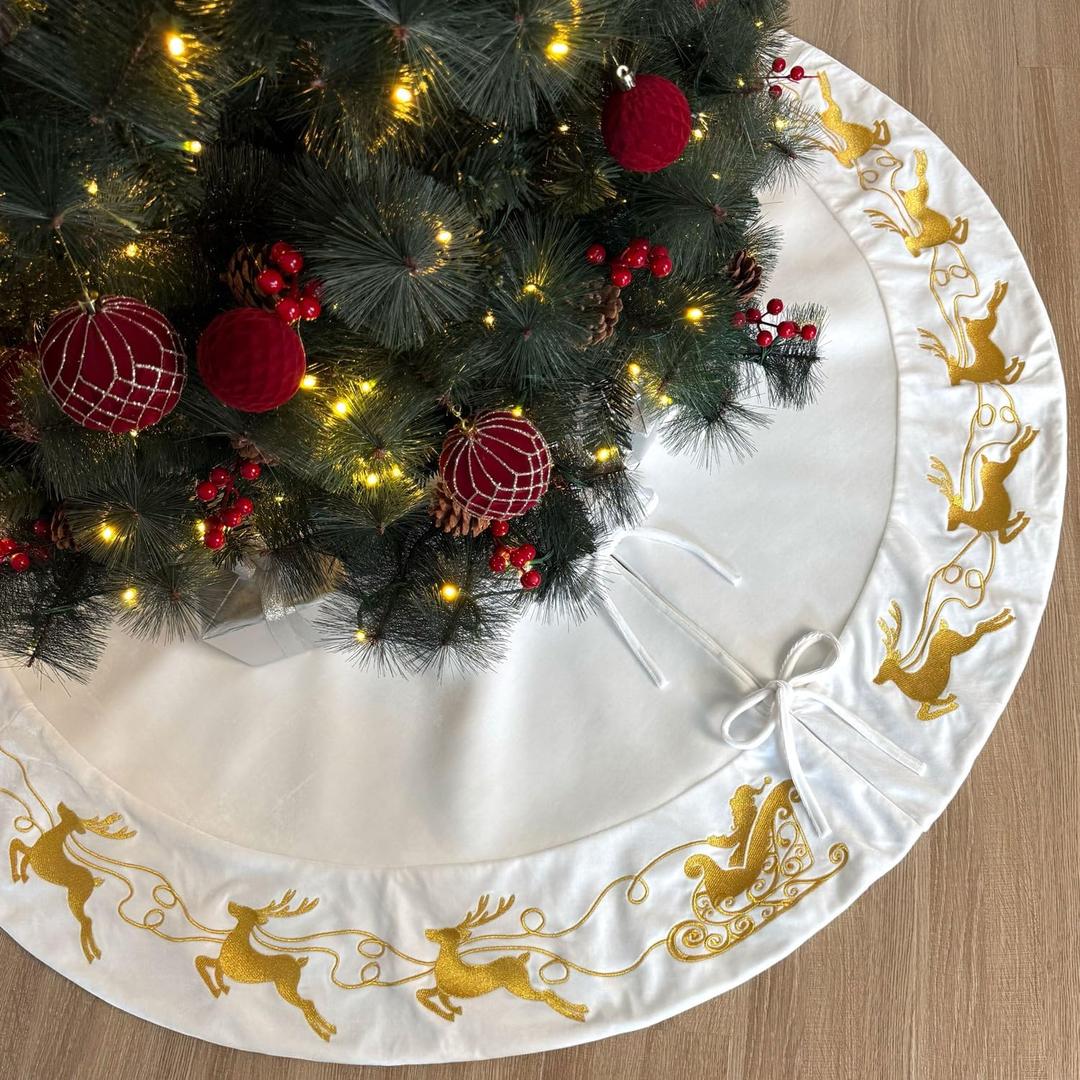 60-Inch Velvet Christmas Tree Skirt with Gold Reindeer and Santas Sleigh Embroidery, Lace Tie Closures, Ivory