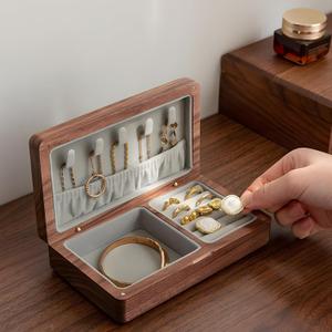 Small Wooden Jewelry Box, Vintage Delicate Walnut Wood Jewelry Case, Ideal Gift for Man Women, Protable Travel Jewelry Organizer (Gray, Small)