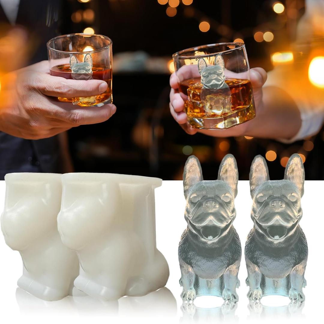 3D French Bulldog Ice Cube Molds Tray Silicone for Whiskey, Cocktail, Coffee Juice Drink; Fun Animal Shape, Christmas Gifts for Bulldog Lovers, Women, Kids; Chocolate Epoxy Resin Molds 2 Pack