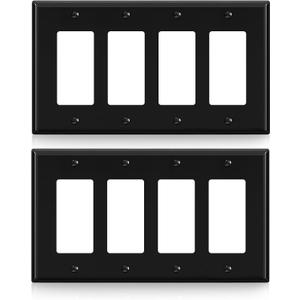ELEGRP 4-Gang Decorative Wall Plates, Mid-Size 4.88" H x 8.57" L Unbreakable Thermoplastic Faceplate Cover for Decorator Receptacle Outlet Switch, UL Listed (2 Pack, Glossy Black)