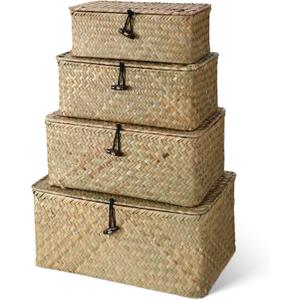 Set of 4 Wicker Baskets with Lids, Nautral Seagrass Storage Baskets, Woven Rectangular Basket Bins, Rattan Storage Organizer for Shelf Closet Bedroom(Natural Color)