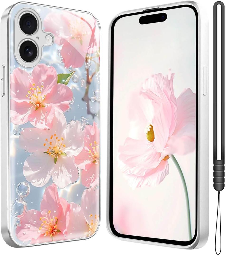 Flower Phone Case for iPhone 16 Plus, Delicate Floral Art Pattern Cover, Camera Lens Protector & Shockproof, Silicone Lanyard, Cute Slim & Lightweight for iPhone 16 Plus Case (Silver)