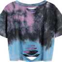 Avanova Tie Dye Shirt Women Ripped Short Sleeve Crop Tops Distressed Cropped T Shirts for Concert Halloween Goth Rock (L)