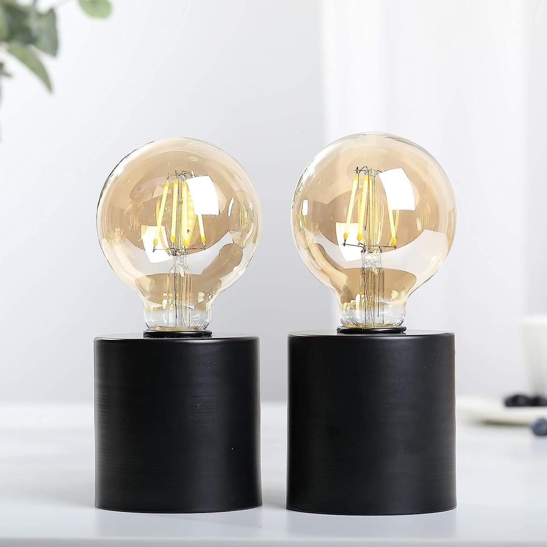 JHY DESIGN Set of 2 Black Table Lamp Battery Powered 7" Tall Cordless Lamp Light with Edison Style Bulb Battery Operated Great for Living Room Bedroom Weddings Parties Indoors Outdoors