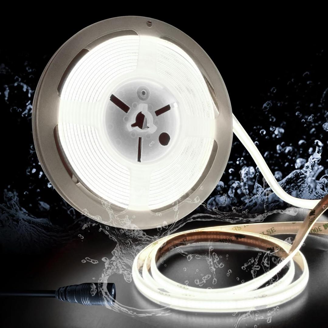 COB LED Strip Lights, DC 24V Outdoor LED Strip, Cool White 6000K, 320 LEDs/M, 8MM Wide, 16.4ft/5M, CRI 90+ IP65 Waterproof Strip Light for Bathroom Decor, Pool, Aquariums (Not Included Power) (16.4FT-IP65, 2700K)