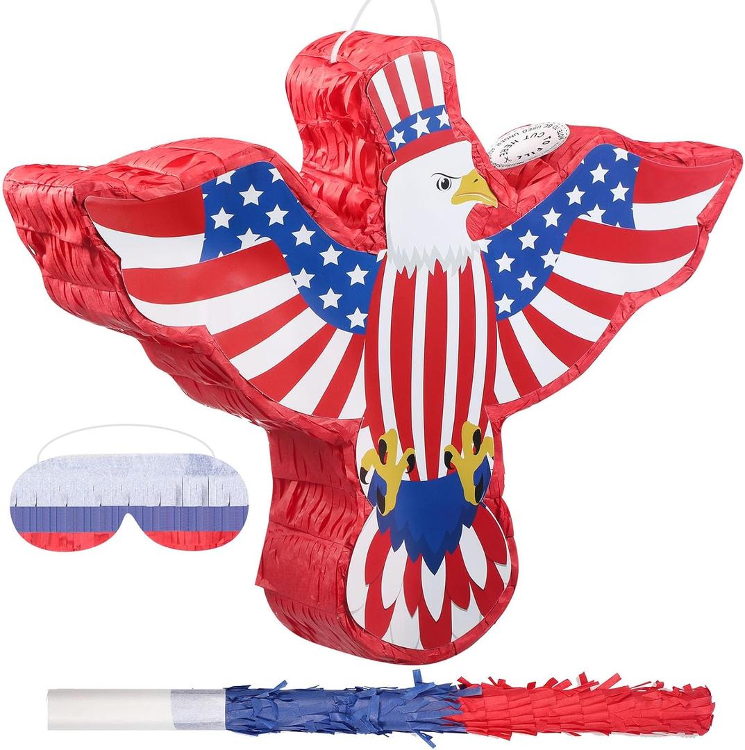 Hicarer Patriotic Piata with Red White Blue Piata Stick Blindfold and Pentagram for Adult Memorial Day 4th of July Independence Day Patriotic Party Decorations Supplies(Eagle)