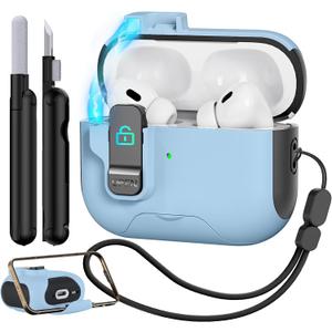 for AirPods Pro 2nd/1st Generation Case with Secure Lock,Shockproof Hard Protective Cover for AirPods Pro 2 Case with Phone Holder,Airpod Pro Cases (2023/2022/2019) Cleaner Kit-Sky Blue