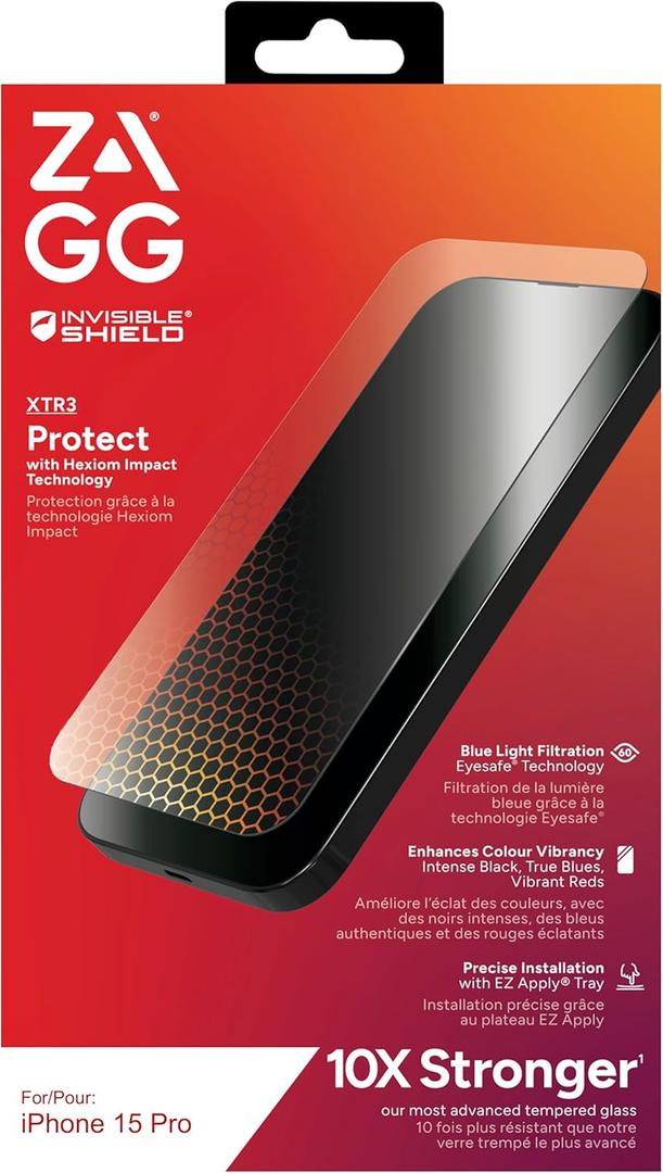 ZAGG InvisibleShield Glass XTR3 iPhone 15 Pro Screen Protector - Blue-Light Filtration, 10X Stronger, Scratch & Smudge-Resistant Surface, Edge-to-Edge Protection, Install Tray Included