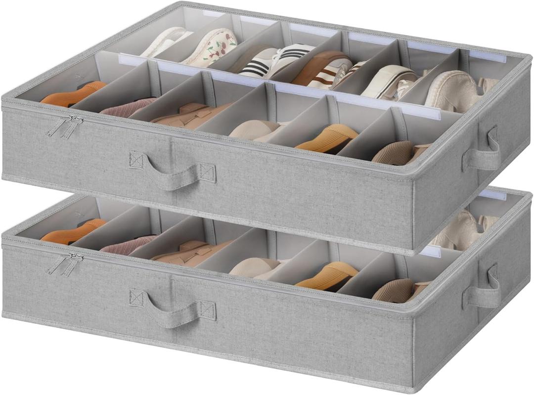 StorageWorks Shoe Organizer for Closet, Fits up to 24 Pairs, 2-Pack Ultra-thick Fabric Under Bed Shoe Storage Containers with Bottom Support and Adjustable Dividers, Grey