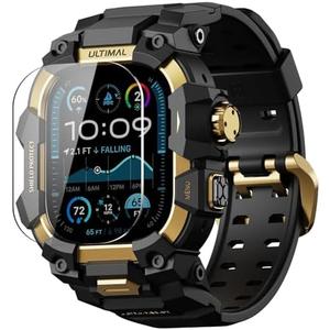 ULTIMAL Rugged Case with Band for Apple Watch 49mm,Compatible with Apple Watch Ultra/Ultra 2, Military Grade Shockproof Bumper Cover for iWatch Tactical Band Men (49mm,Gold)