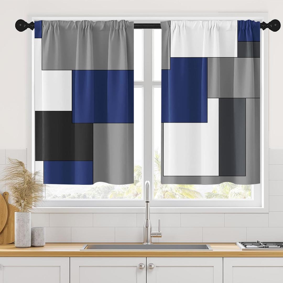 Dark Blue Kitchen Curtains 36 Inch Length Black Grey White Geometric Simple Style Window Short Tier Curtains Over Sink Set of 2, Modern Abstract Art Small Kitchen Decor 34x36 Inch