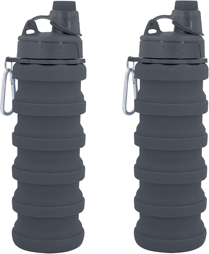 Collapsible Water Bottles Travel water bottle Sports Portable Sport Water Bottle Reusable Water Bottles comes with mountaineering Buckle 500ml silicone Water-proof camping water bottle (Grey+Grey)