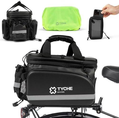 TYCHE Bike Trunk Bag 35L with Panniers and Phone Holder | Hard Shell Waterproof Carbon Leather 3-in-1 Bag | Expandable Cargo Storage & Cooler Interior | Fits Rear Rack for Ebike, Adult Bicycle