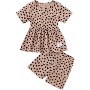 Floerns Toddler Girl's 2 Piece Outfit Heart Print Peplum Tee Shirts Track Shorts Set Khaki 6Y