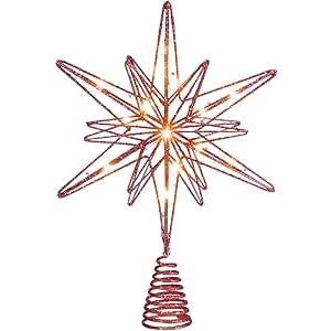 Large Christmas Star Tree Topper with 20 LED Lights, Glitter Star Tree Topper Sparkle Xmas Treetop Ornament for Christmas Trees Party Holiday Decorations(13 Inch,Red)