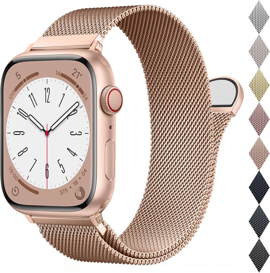 BELONGME Mesh Metal Loop Compatible with Apple Watch Band 40mm 41mm 38mm 42mm Series SE 10 9 8 7 6 5 4 3 2 1 Women Men, Stainless Steel Strap with Magnetic Clasp for iWatch Bands (Champagne Gold)