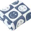 Ultra Soft Cozy Happy Smiling Face Checkered Knitted Throw Blanket Fluffy Microfiber Checkerboard Bed Blanket Lightweight Both Sides Blanket for Couch Sofa Bed (Smile Blue, Throw 50x60)